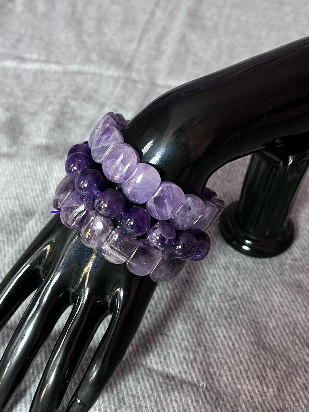 Natural Dark Amethyst Crystal Bracelet Stack Deep Purple 3PC Bundle